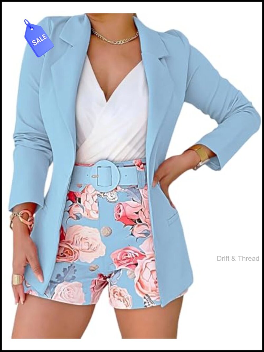 Women's 2 Piece Blazer and Floral Shorts Set Long Sleeve Suit